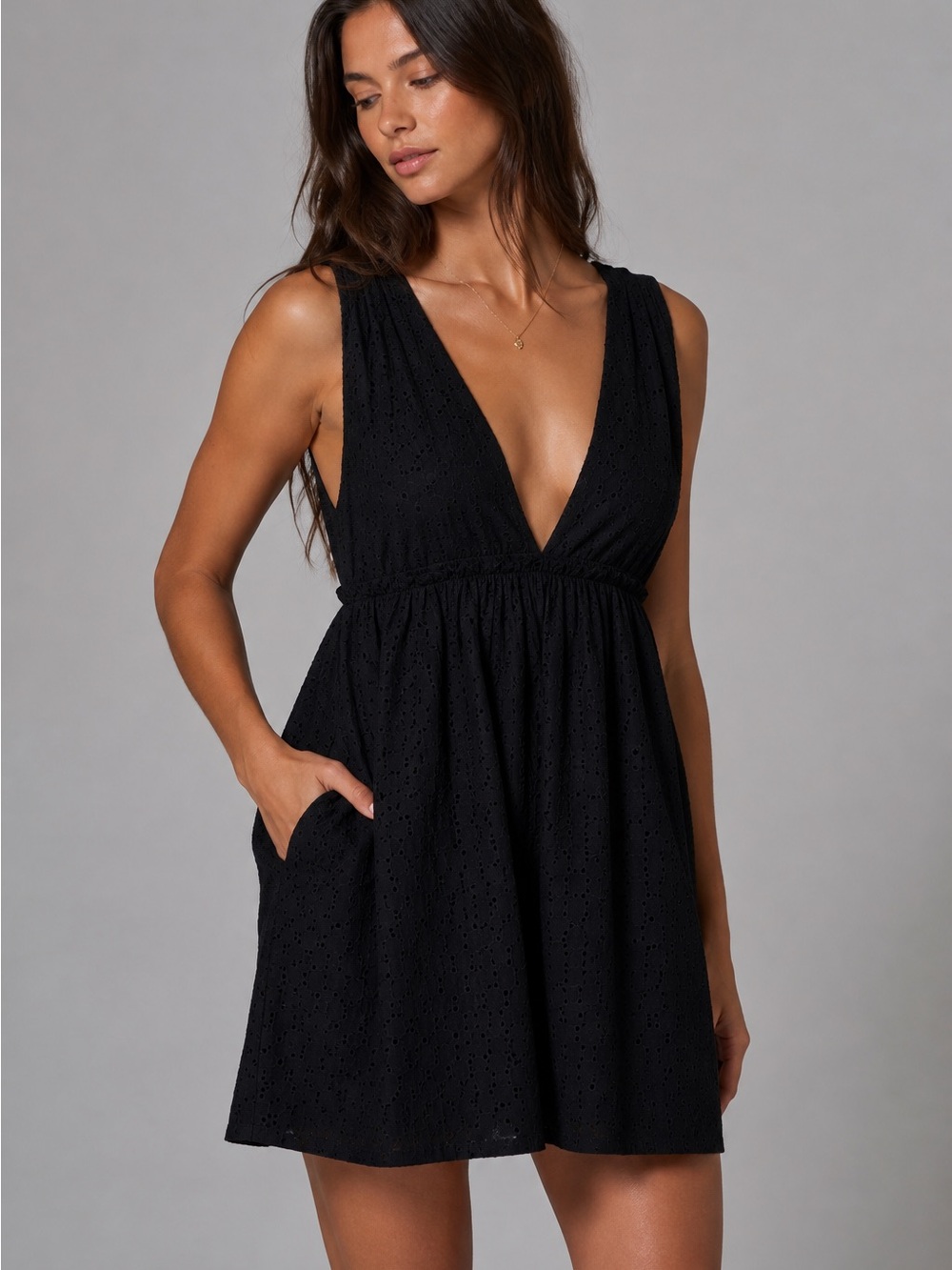 Aritzia Sunday Best Avianna Black Eyelet Babydoll Deep V-Beck Mini Dress Small